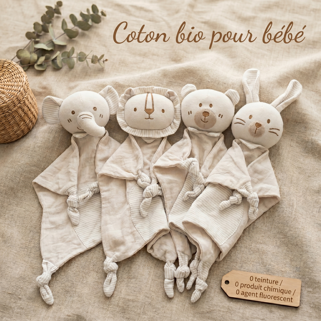 Doudou Bébé en Coton Bio — Souris, Lion, Ours ou Lapin
